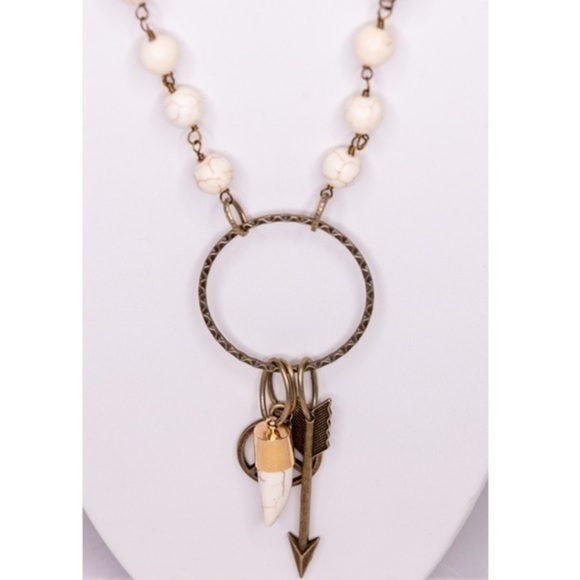 Bronzed Chain Stone Beaded Arrow Peace Charm Necklace - Picture 5 of 7